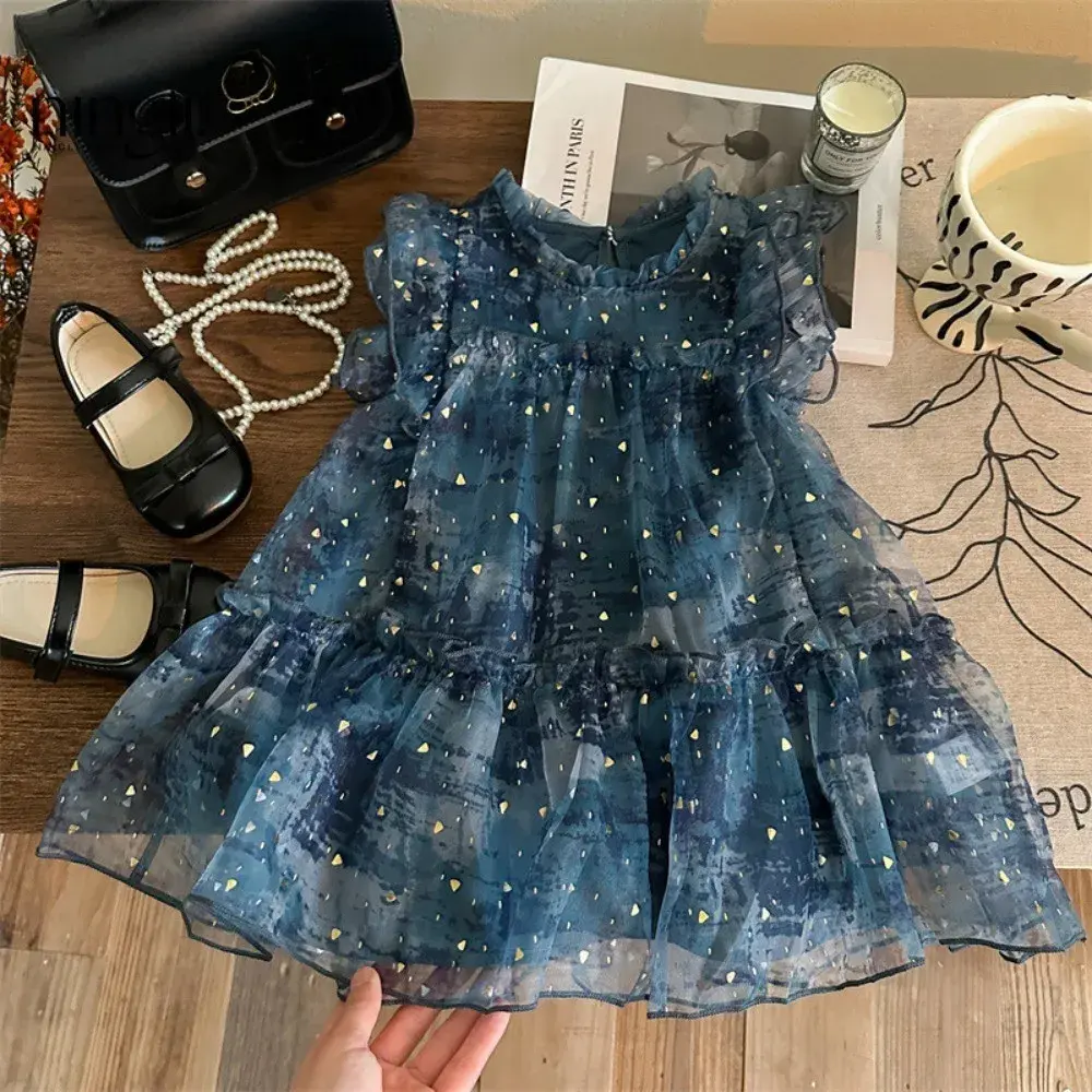 Bear Leader Summer Flying Sleeve Mesh Girls Casual Dresses Cute Princess Dress Poster Blue Sequin Decoration Children's Clothing