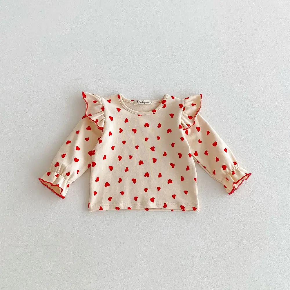 Bear Leader Autumn New Girls' Top Korean Version Polka Dot Love Flower Print Long Sleeved T-shirt Cute Children's Clothing