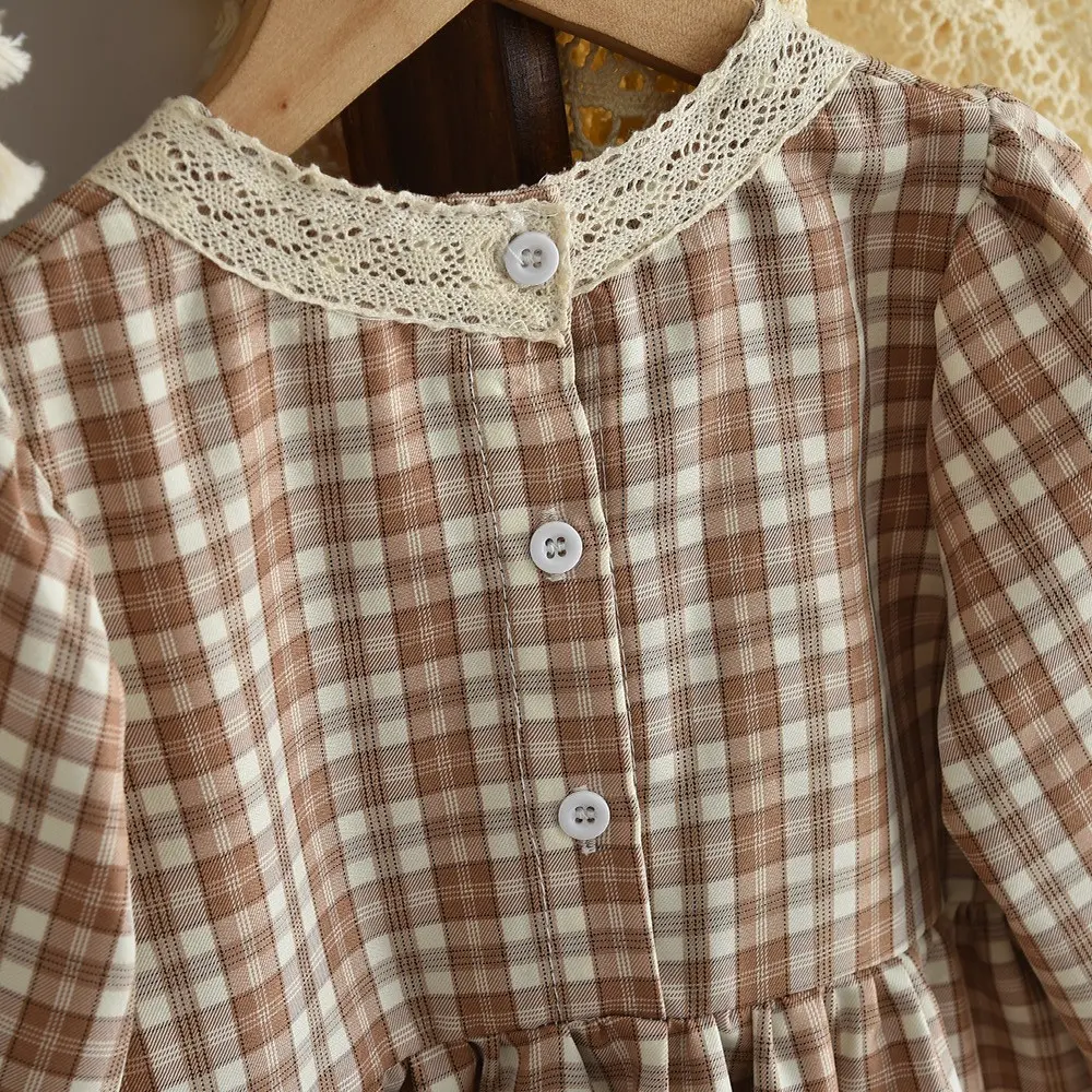 Bear Leader Korean Retro Girls Dresses Fashionable New Checkered Printed Long Sleeved Kids Dress Autumn Children's Clothing