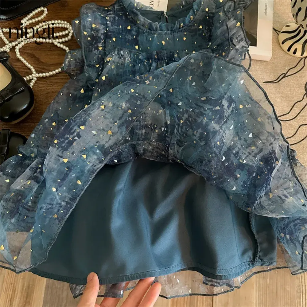 Bear Leader Summer Flying Sleeve Mesh Girls Casual Dresses Cute Princess Dress Poster Blue Sequin Decoration Children's Clothing