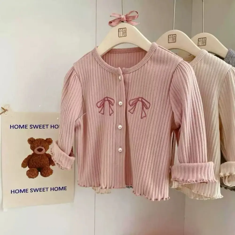 Bear Leader Girls Spring Coats 2025 New Solid Color Bow Round Neck Top Fashion Casual Long Sleeve Bottom Shirt