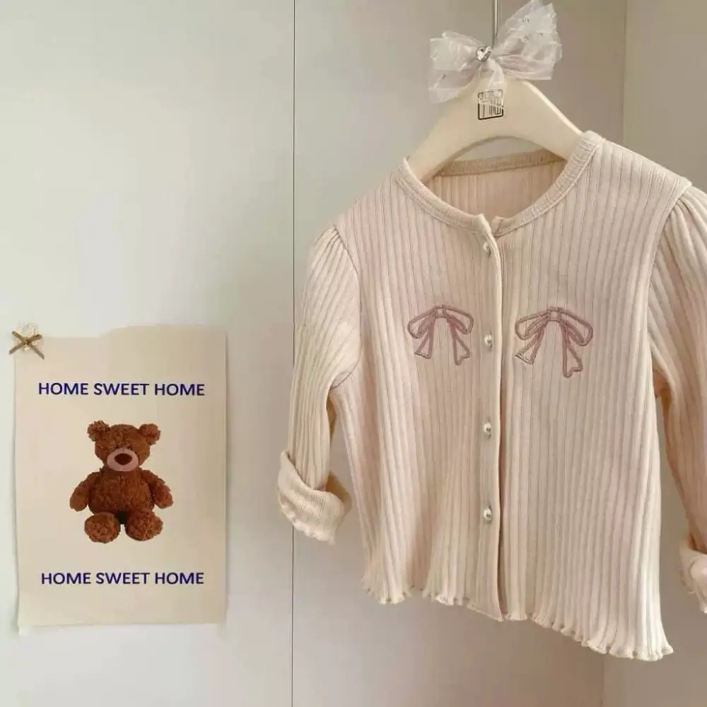 Bear Leader Girls Spring Coats 2025 New Solid Color Bow Round Neck Top Fashion Casual Long Sleeve Bottom Shirt
