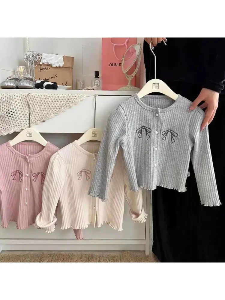 Bear Leader Girls Spring Coats 2025 New Solid Color Bow Round Neck Top Fashion Casual Long Sleeve Bottom Shirt