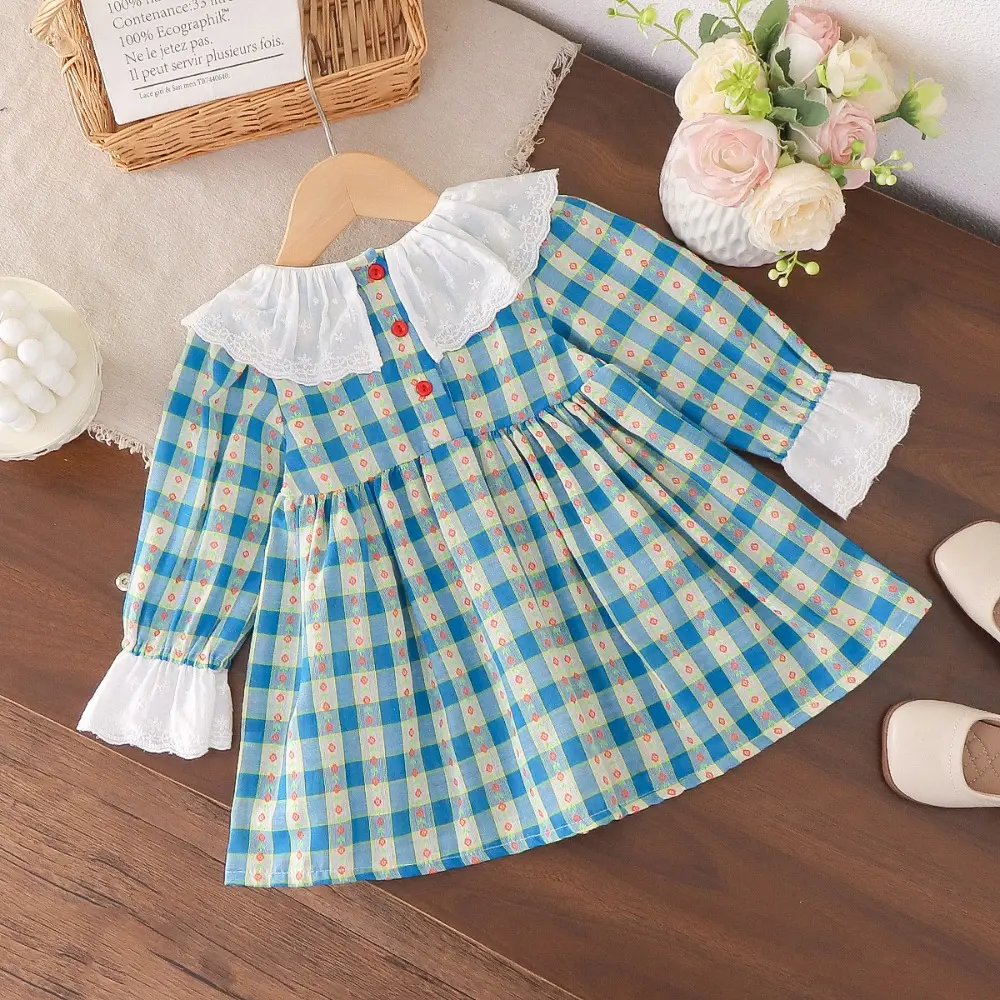 Bear Leader Autumn Long Sleeved Kids Clothes Blue Checkered Printed Girls Casual Dresses Spliced Lace Lapel Princess Dress