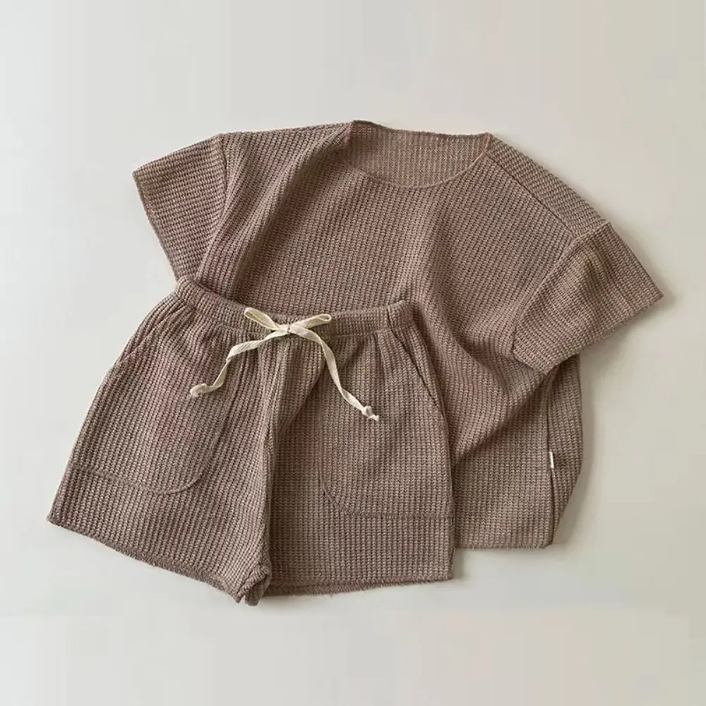 Bear Leader Korean Version Solid Color Baby Girl Suit Summer Casual Short Sleeved Top + Shorts 2-piece Set Kids Home Clothes