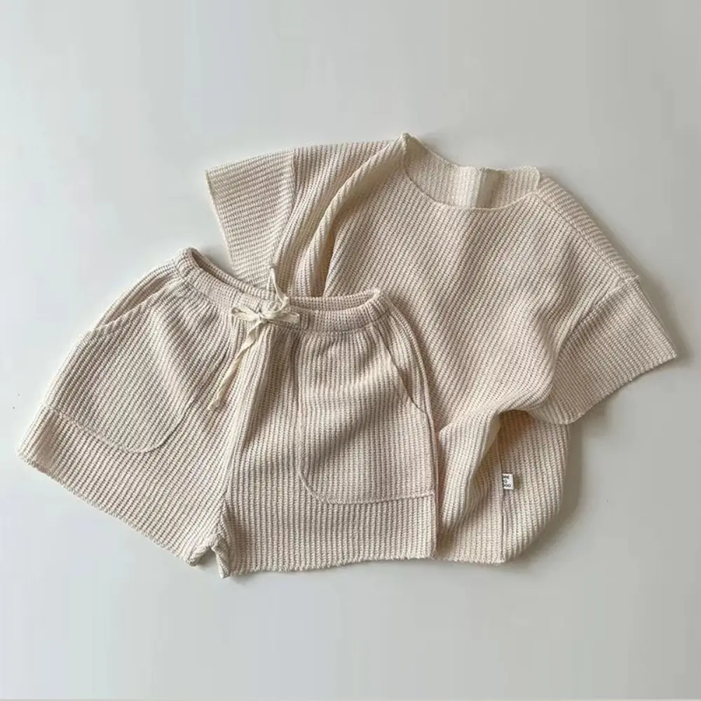 Bear Leader Korean Version Solid Color Baby Girl Suit Summer Casual Short Sleeved Top + Shorts 2-piece Set Kids Home Clothes