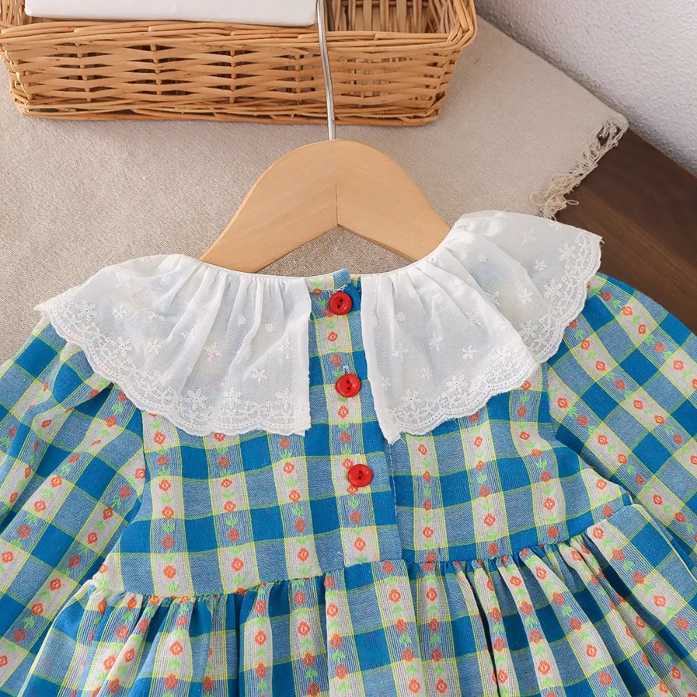 Bear Leader Autumn Long Sleeved Kids Clothes Blue Checkered Printed Girls Casual Dresses Spliced Lace Lapel Princess Dress