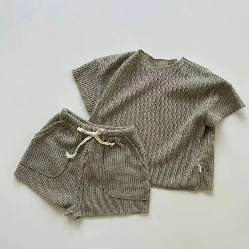 Bear Leader Korean Version Solid Color Baby Girl Suit Summer Casual Short Sleeved Top + Shorts 2-piece Set Kids Home Clothes