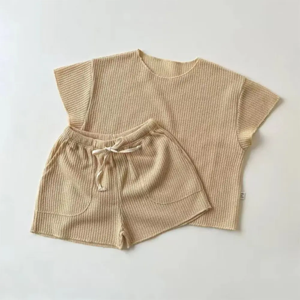 Bear Leader Korean Version Solid Color Baby Girl Suit Summer Casual Short Sleeved Top + Shorts 2-piece Set Kids Home Clothes