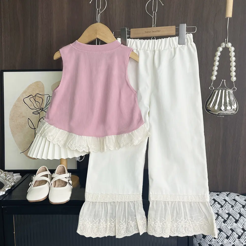 Bear Leader Summer Pink Girls Clothes Bow Decoration Sleeveless Top+Lace Patchwork Pants Fashionable New Easter Children's Set