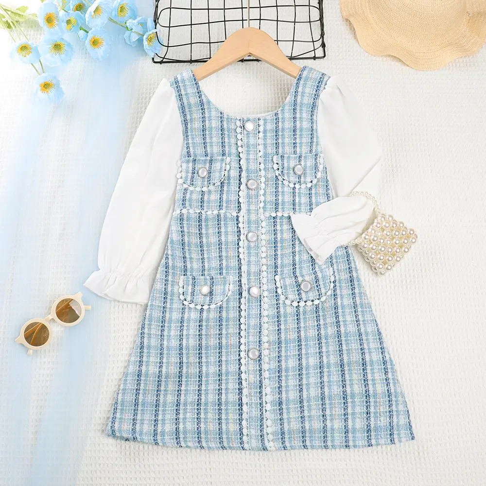 Bear Leader Girls' Dress 2023 Autumn New Girls' Round Neck Plaid Lace Button Long Sleeve Dress Girls' Fashion Patchwork Dress