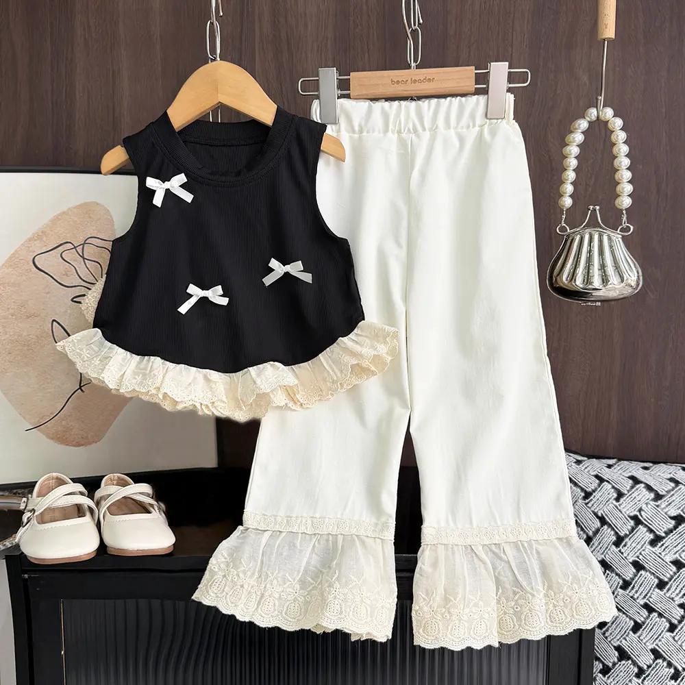 Bear Leader Summer Pink Girls Clothes Bow Decoration Sleeveless Top+Lace Patchwork Pants Fashionable New Easter Children's Set