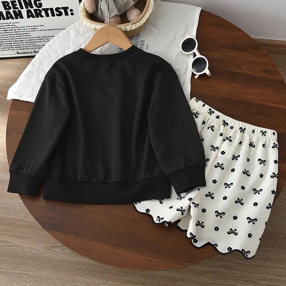 Bear Leader Autumn Fashion Girls' Set Black Bow Decoration Long Sleeved Top+Printed Shorts Korean Version Casual Kids Clothes