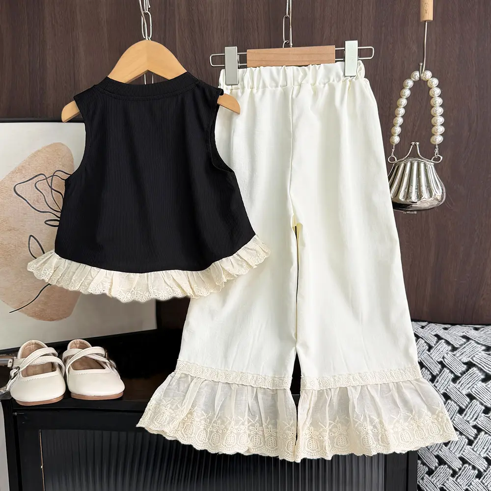 Bear Leader Summer Pink Girls Clothes Bow Decoration Sleeveless Top+Lace Patchwork Pants Fashionable New Easter Children's Set