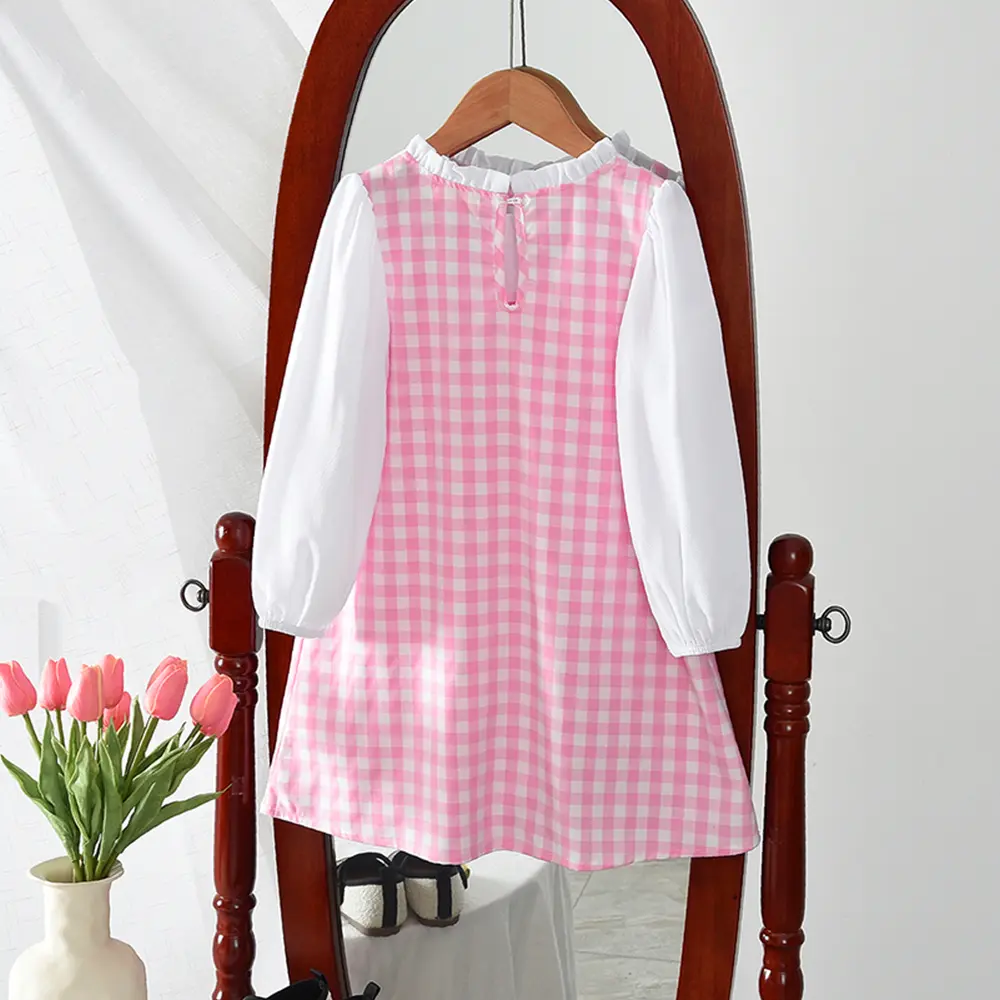 Bear Leader Korean Version Checkered Printed Girls Clothes Autumn Long Sleeved Pink Princess Dress Bow Children's Clothing