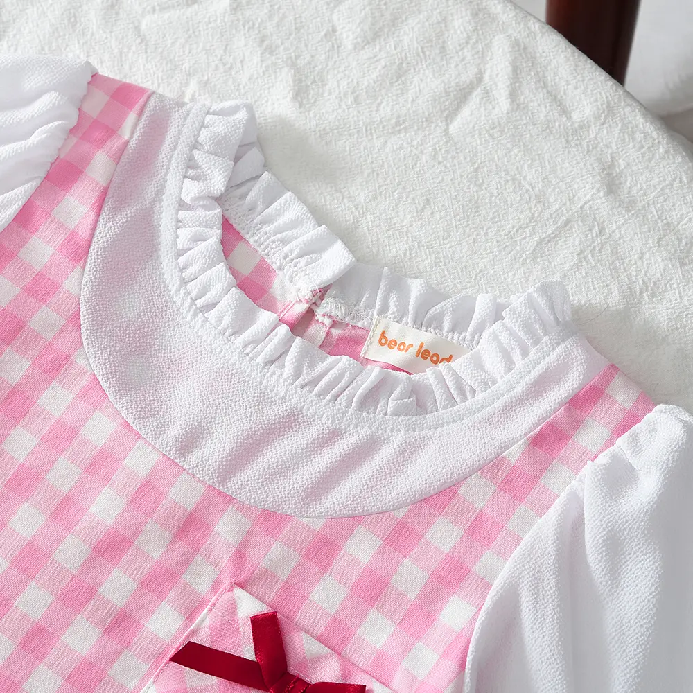 Bear Leader Korean Version Checkered Printed Girls Clothes Autumn Long Sleeved Pink Princess Dress Bow Children's Clothing