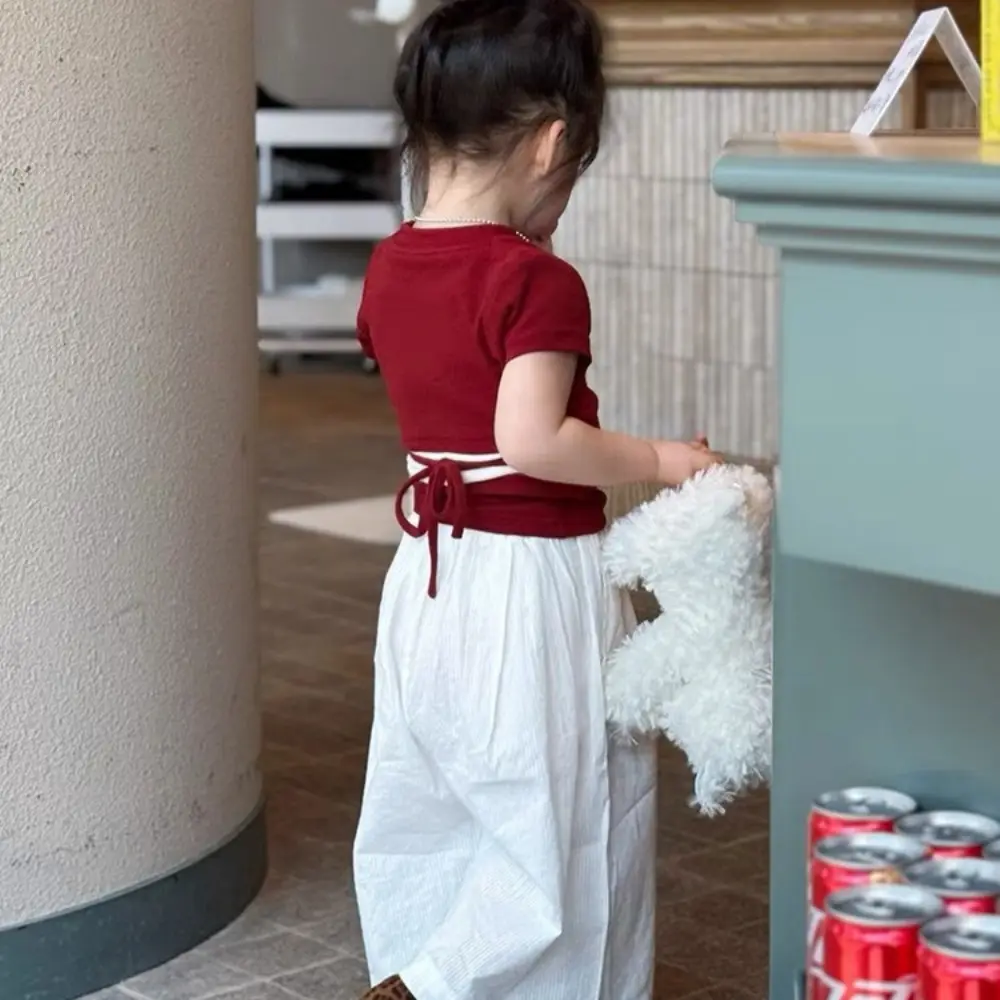 Bear Leader Summer New Korean Version Girls Clothes Red Short Sleeved Top+wide Leg Pants 2 Pcs Set Casual Trend Easter Kids Wear
