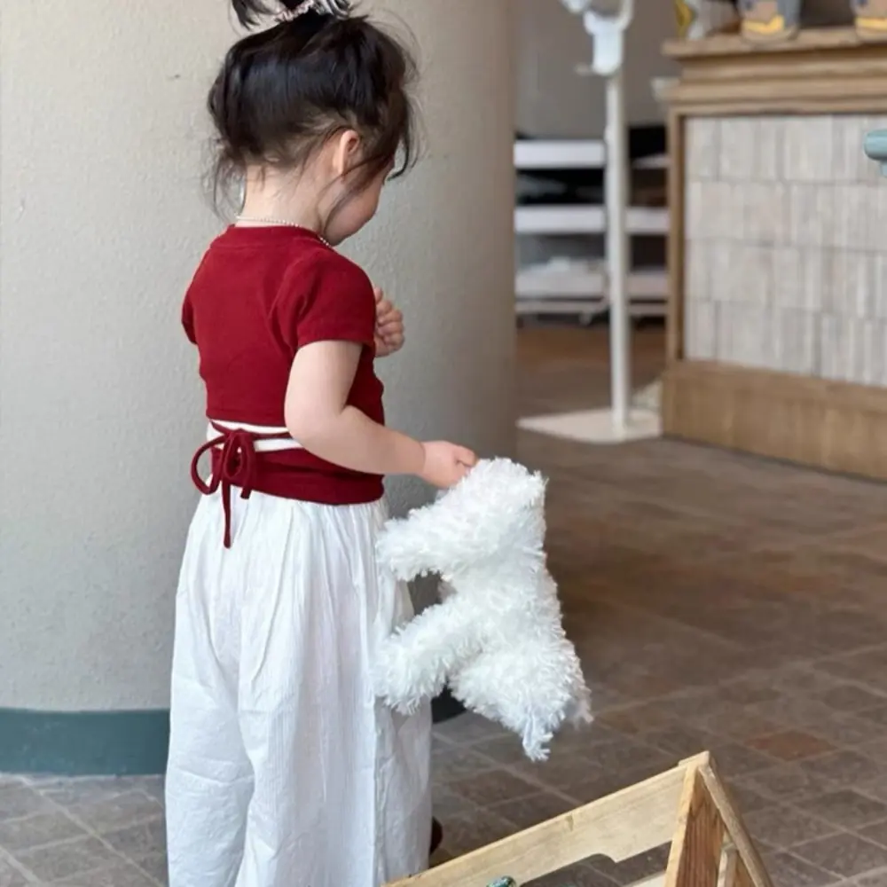 Bear Leader Summer New Korean Version Girls Clothes Red Short Sleeved Top+wide Leg Pants 2 Pcs Set Casual Trend Easter Kids Wear