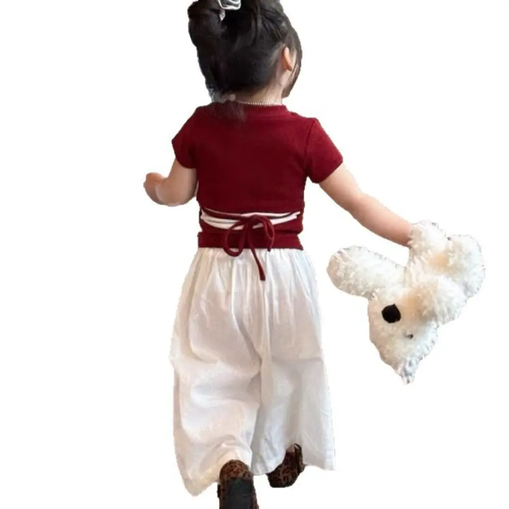 Bear Leader Summer New Korean Version Girls Clothes Red Short Sleeved Top+wide Leg Pants 2 Pcs Set Casual Trend Easter Kids Wear