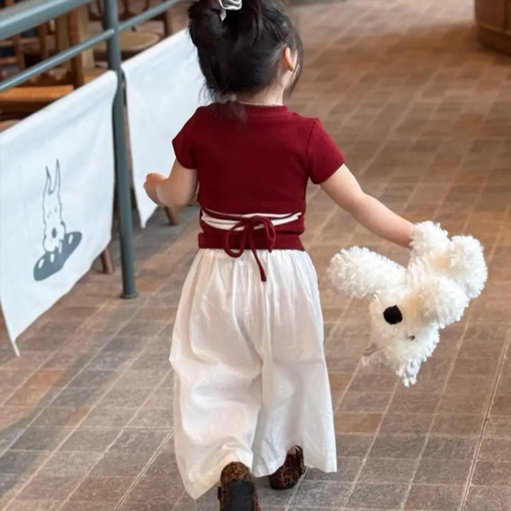 Bear Leader Summer New Korean Version Girls Clothes Red Short Sleeved Top+wide Leg Pants 2 Pcs Set Casual Trend Easter Kids Wear