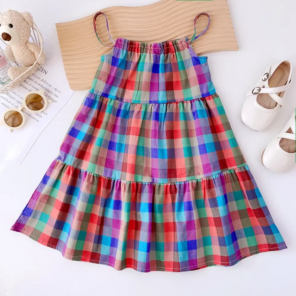 Girls' Set 2023 Summer New Casual Dress Colorful Plaid Strap Dress Sleeveless Princess Dress Girls' Fashion Dress