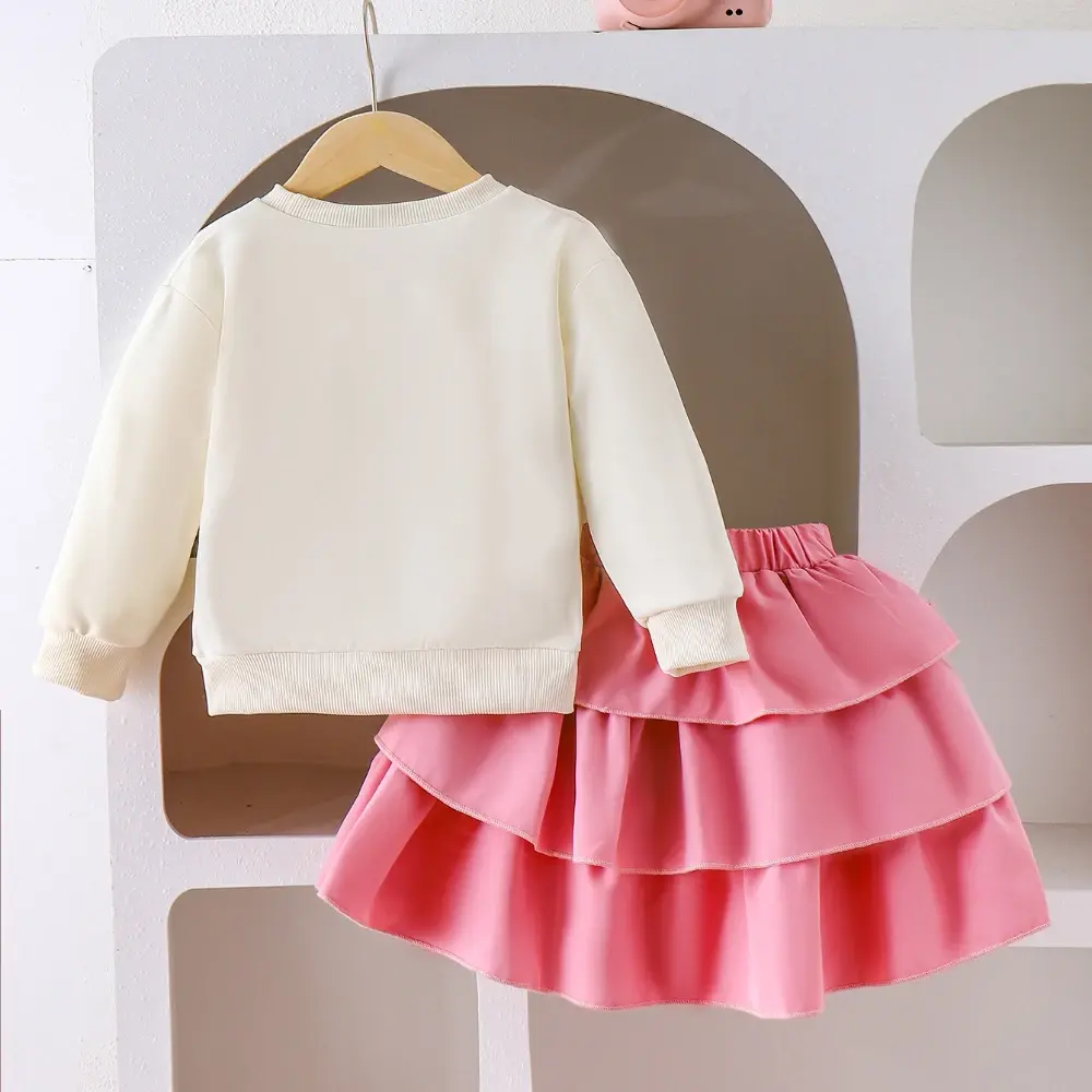 Bear Leader Spring and Autumn Pink Girls Clothes Bow Decoration Long Sleeve Top + Cake Skirt Korean Solid Color Children's Set
