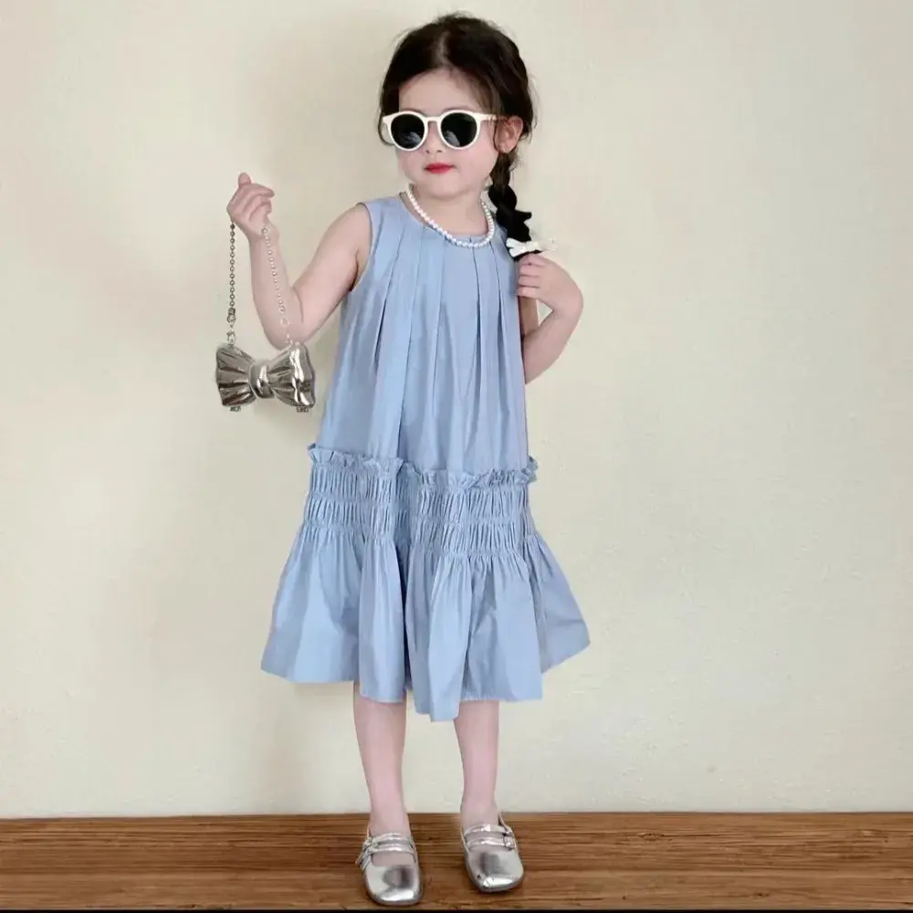 Bear Leader Korean Version Plain Color Girls Casual Dresses Summer New Children's Clothing Blue Pleated Patchwork Kids Dress