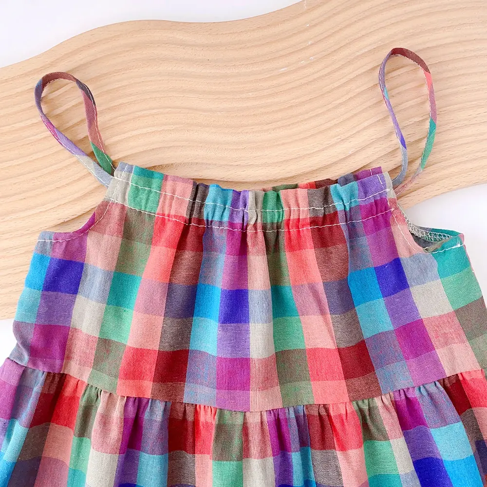 Girls' Set 2023 Summer New Casual Dress Colorful Plaid Strap Dress Sleeveless Princess Dress Girls' Fashion Dress