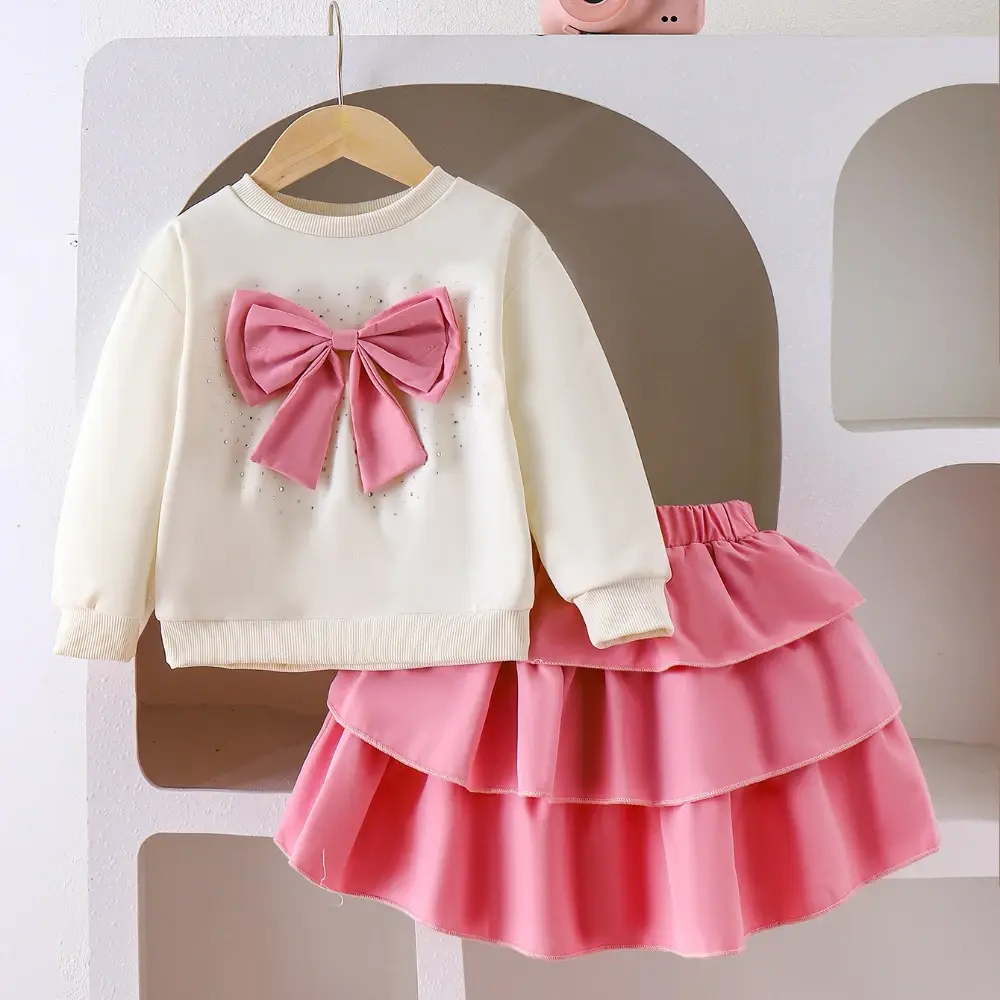 Bear Leader Spring and Autumn Pink Girls Clothes Bow Decoration Long Sleeve Top + Cake Skirt Korean Solid Color Children's Set