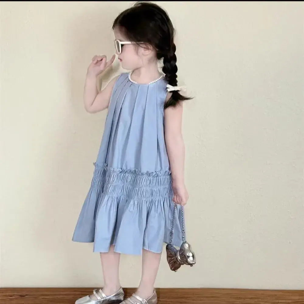 Bear Leader Korean Version Plain Color Girls Casual Dresses Summer New Children's Clothing Blue Pleated Patchwork Kids Dress