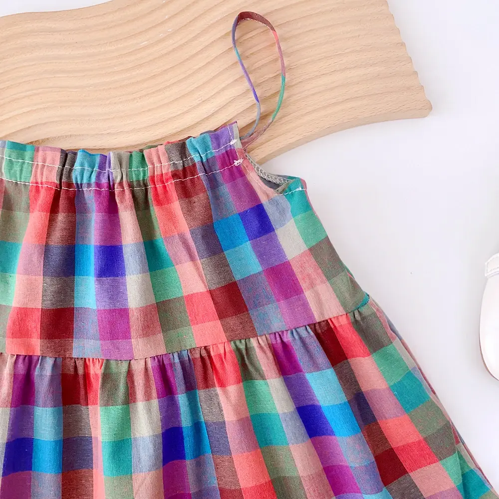 Girls' Set 2023 Summer New Casual Dress Colorful Plaid Strap Dress Sleeveless Princess Dress Girls' Fashion Dress