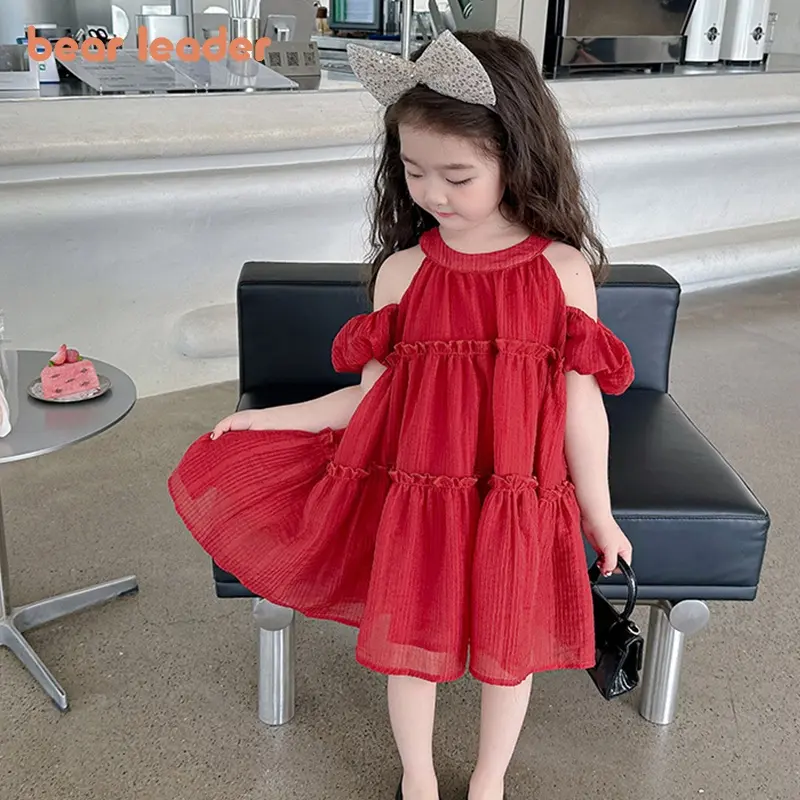 Bear Leader 2-7Y Girls Dress Summer Casual Girls Round Neck Bubble Sleeve Ruffle Princess Dresses Kids Clothes New Year Red