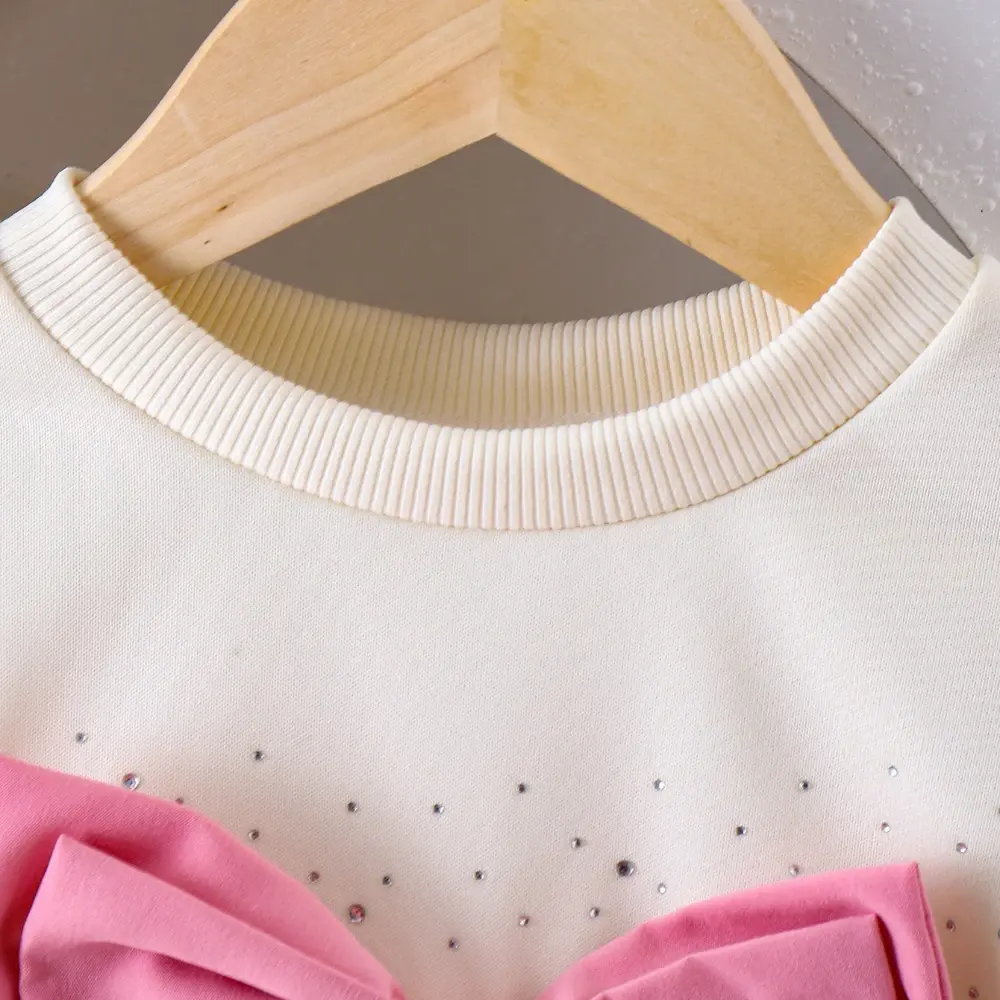 Bear Leader Spring and Autumn Pink Girls Clothes Bow Decoration Long Sleeve Top + Cake Skirt Korean Solid Color Children's Set
