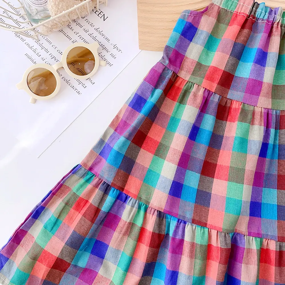 Girls' Set 2023 Summer New Casual Dress Colorful Plaid Strap Dress Sleeveless Princess Dress Girls' Fashion Dress