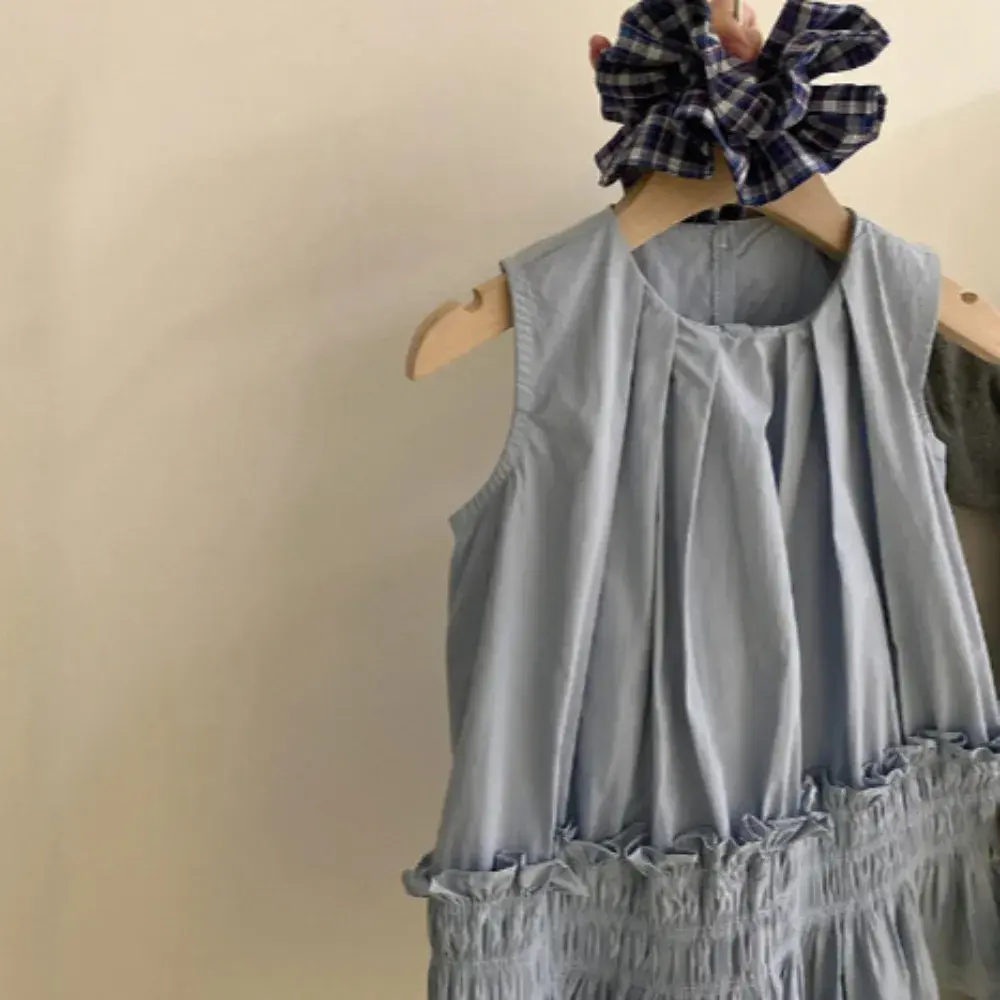 Bear Leader Korean Version Plain Color Girls Casual Dresses Summer New Children's Clothing Blue Pleated Patchwork Kids Dress