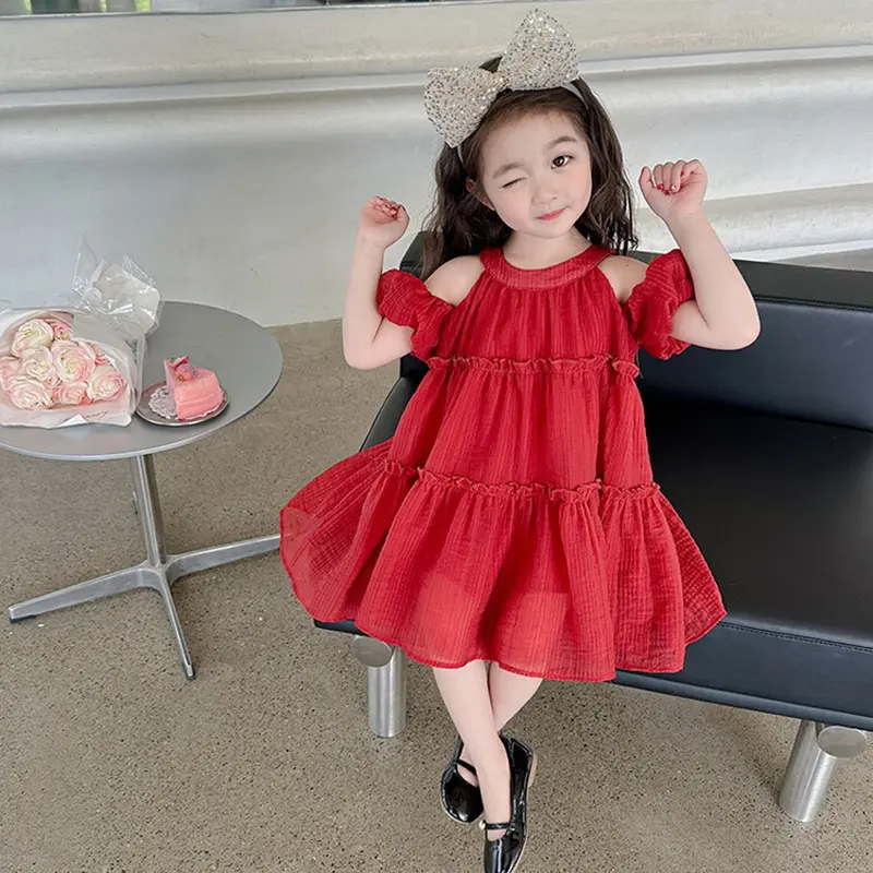 Bear Leader 2-7Y Girls Dress Summer Casual Girls Round Neck Bubble Sleeve Ruffle Princess Dresses Kids Clothes New Year Red