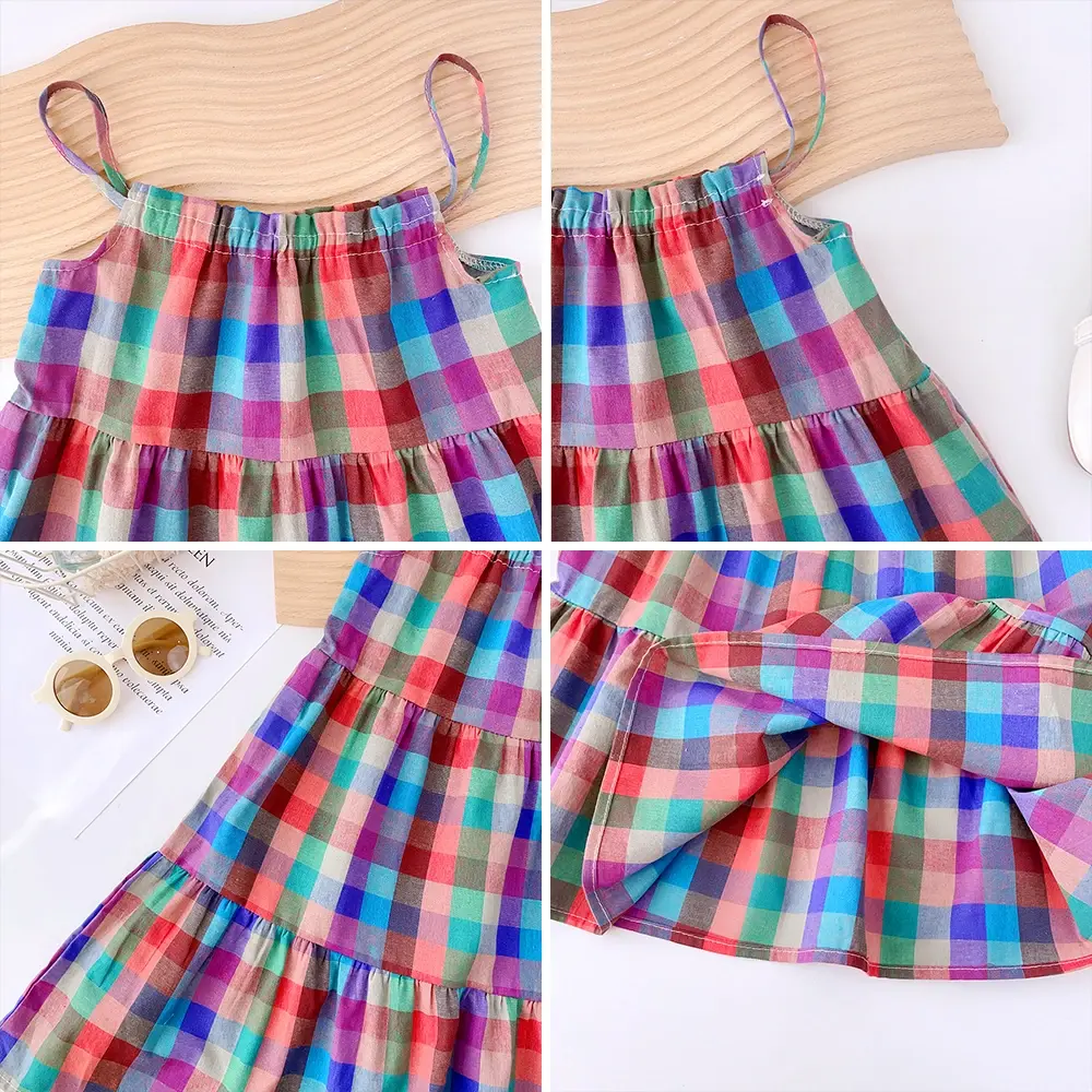 Girls' Set 2023 Summer New Casual Dress Colorful Plaid Strap Dress Sleeveless Princess Dress Girls' Fashion Dress