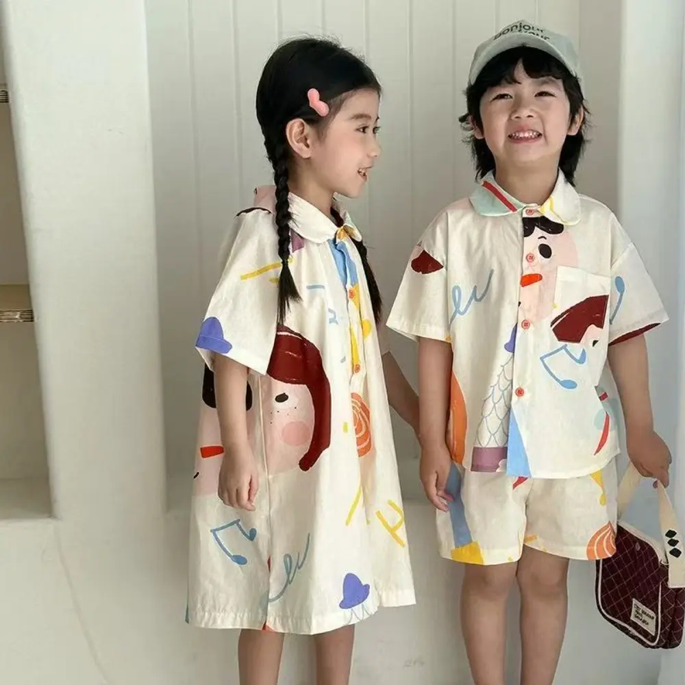 Bear Leader Summer Kids Clothes Cartoon Printed Short Sleeved Top+shorts Boys' Clothing Korean Version Lapel Girls Casual Dress
