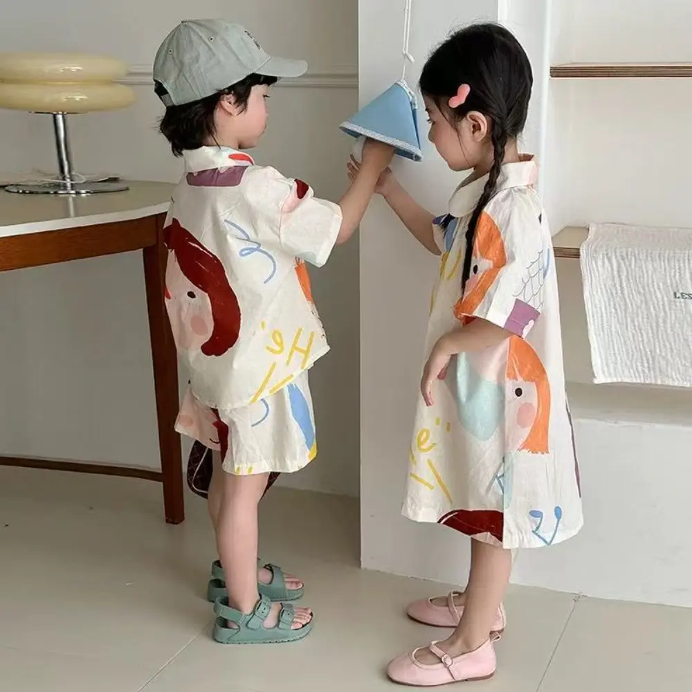 Bear Leader Summer Kids Clothes Cartoon Printed Short Sleeved Top+shorts Boys' Clothing Korean Version Lapel Girls Casual Dress