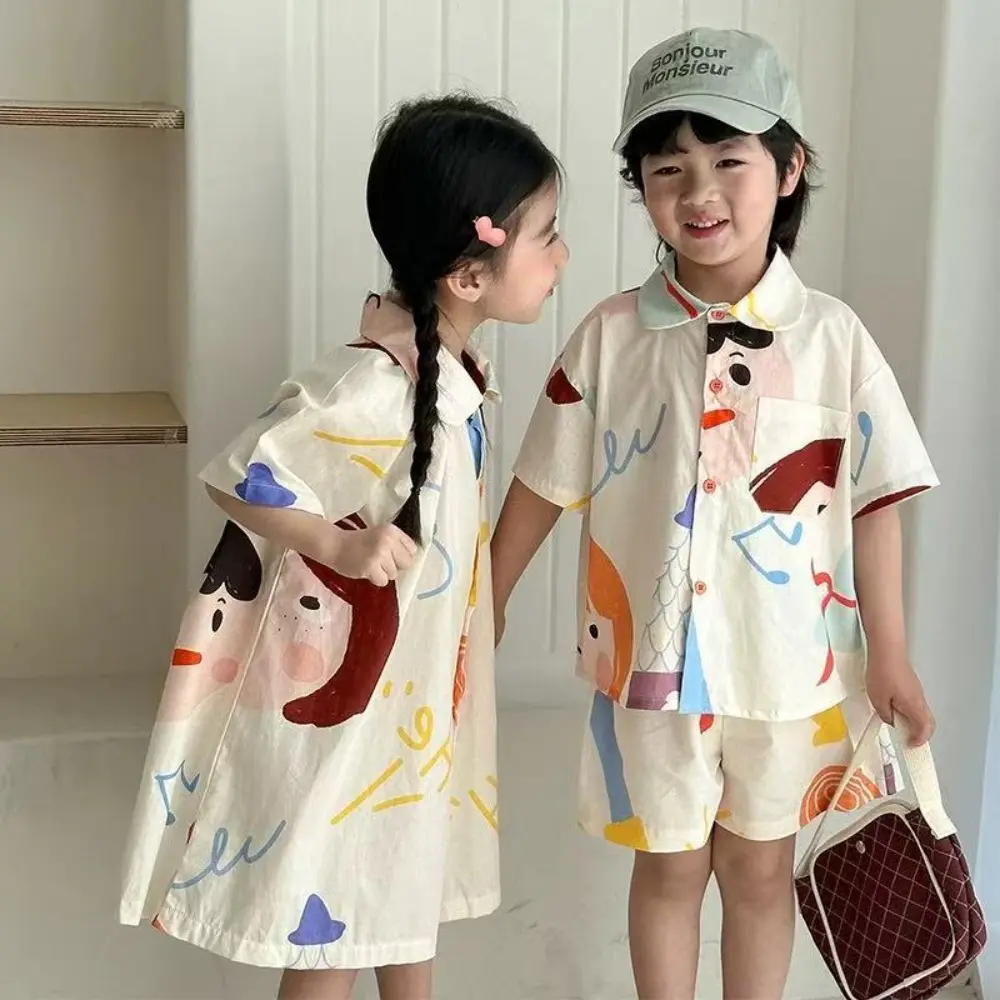 Bear Leader Summer Kids Clothes Cartoon Printed Short Sleeved Top+shorts Boys' Clothing Korean Version Lapel Girls Casual Dress