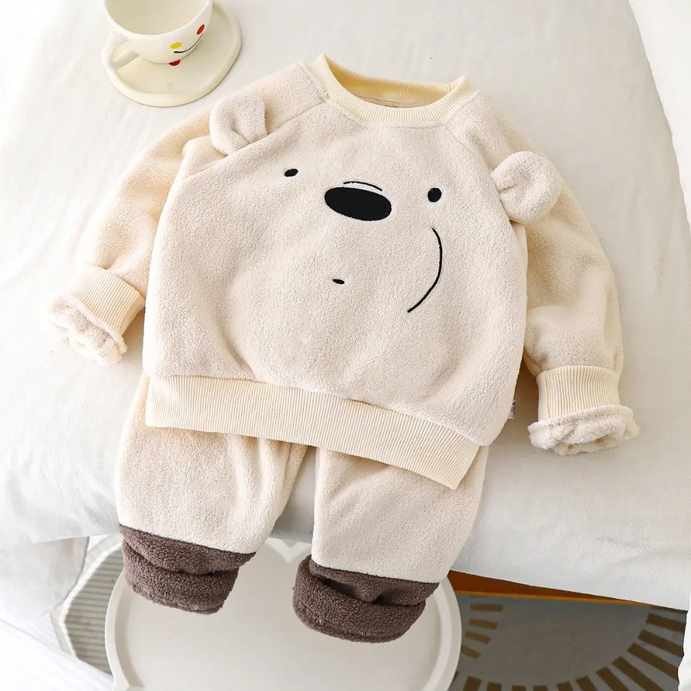 Bear Leader Autumn and Winter Girls Clothes Cartoon Bear Long Sleeve Plush Top+Color Blocked Pants Children's Home Pajama Set