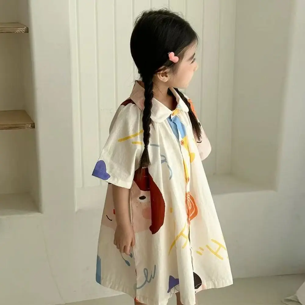 Bear Leader Summer Kids Clothes Cartoon Printed Short Sleeved Top+shorts Boys' Clothing Korean Version Lapel Girls Casual Dress
