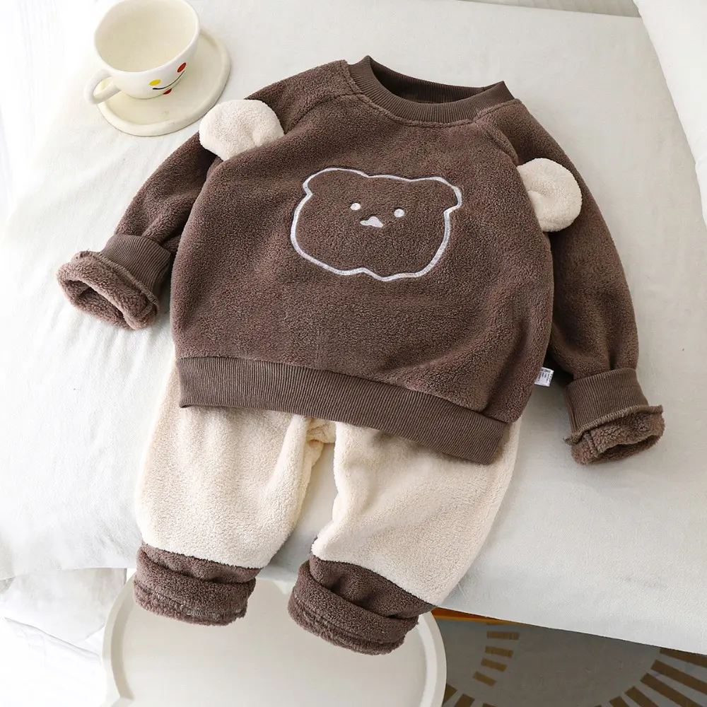 Bear Leader Autumn and Winter Girls Clothes Cartoon Bear Long Sleeve Plush Top+Color Blocked Pants Children's Home Pajama Set