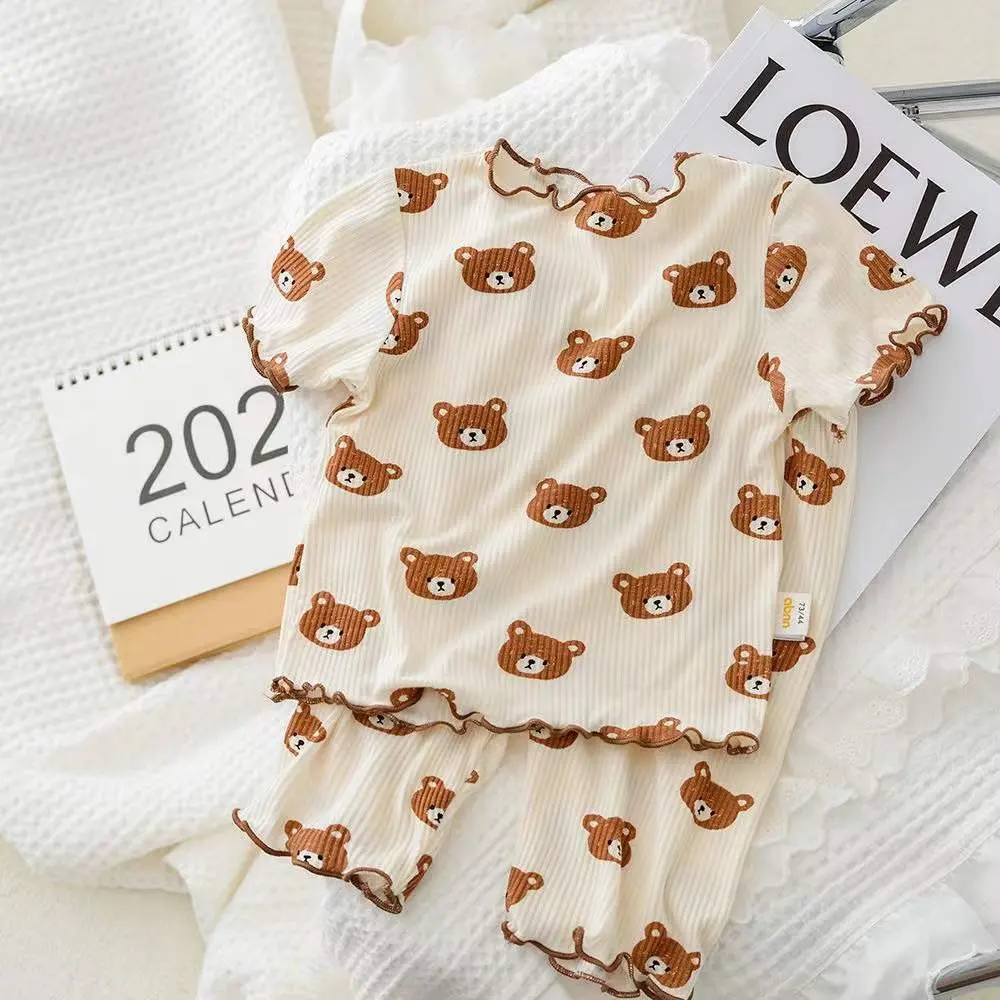 Bear Leader Summer Cartoon Teddy Bear Pajamas Two-piece Set Basic Simple Girls Clothes Floral Print Short Sleeved Top + Pants