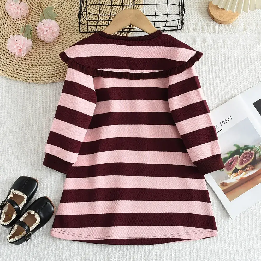 Bear Leader Red Long Sleeved Girls'Dress for 3-7 Years Autumn Fashion Lapel Casual Dresses Spring Striped Children's Clothing