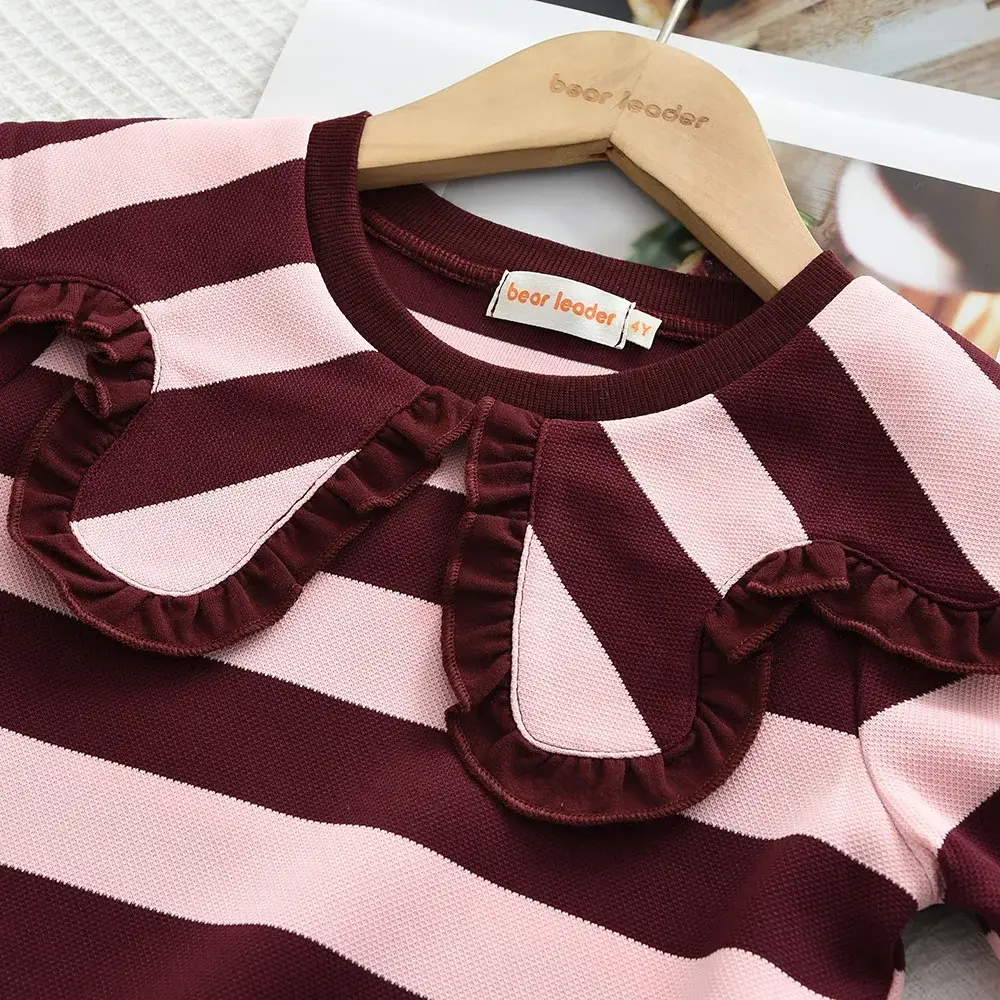 Bear Leader Red Long Sleeved Girls'Dress for 3-7 Years Autumn Fashion Lapel Casual Dresses Spring Striped Children's Clothing