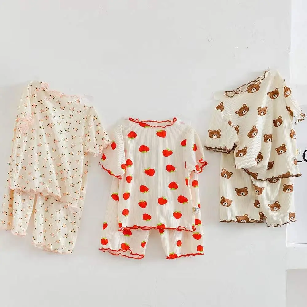 Bear Leader Summer Cartoon Teddy Bear Pajamas Two-piece Set Basic Simple Girls Clothes Floral Print Short Sleeved Top + Pants