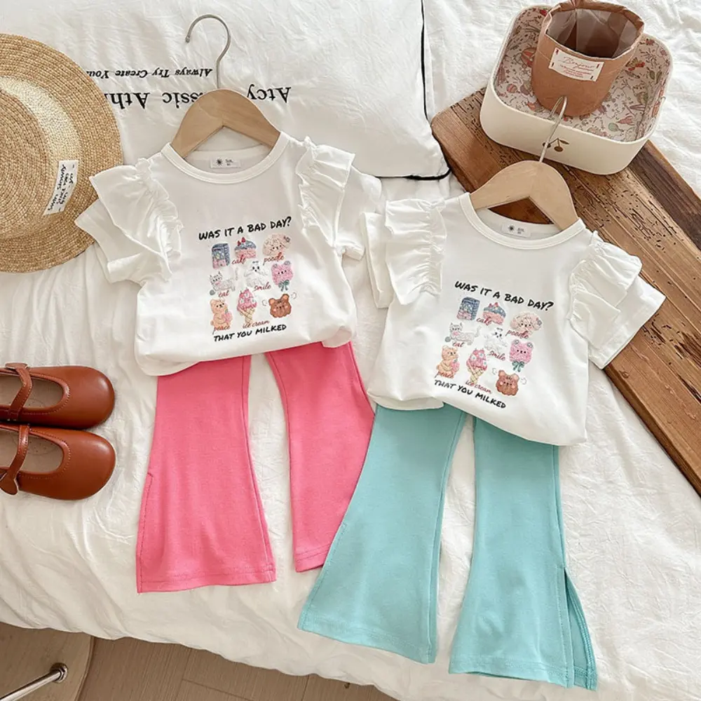 Bear Leader Girl Cute Suit Summer New Product Cartoon Animal Ruffle T-shirt Top+Speaker Pants Two Piece Set Children's Clothes