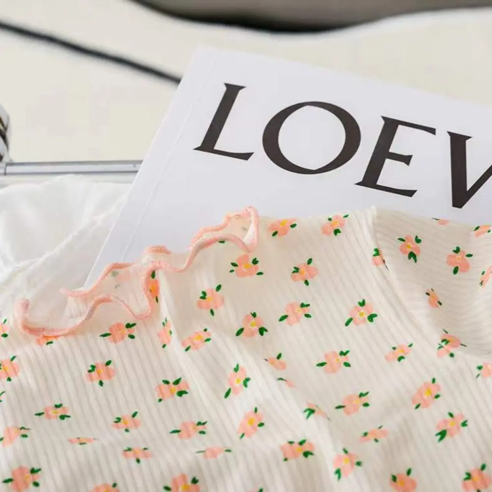 Bear Leader Summer Cartoon Teddy Bear Pajamas Two-piece Set Basic Simple Girls Clothes Floral Print Short Sleeved Top + Pants