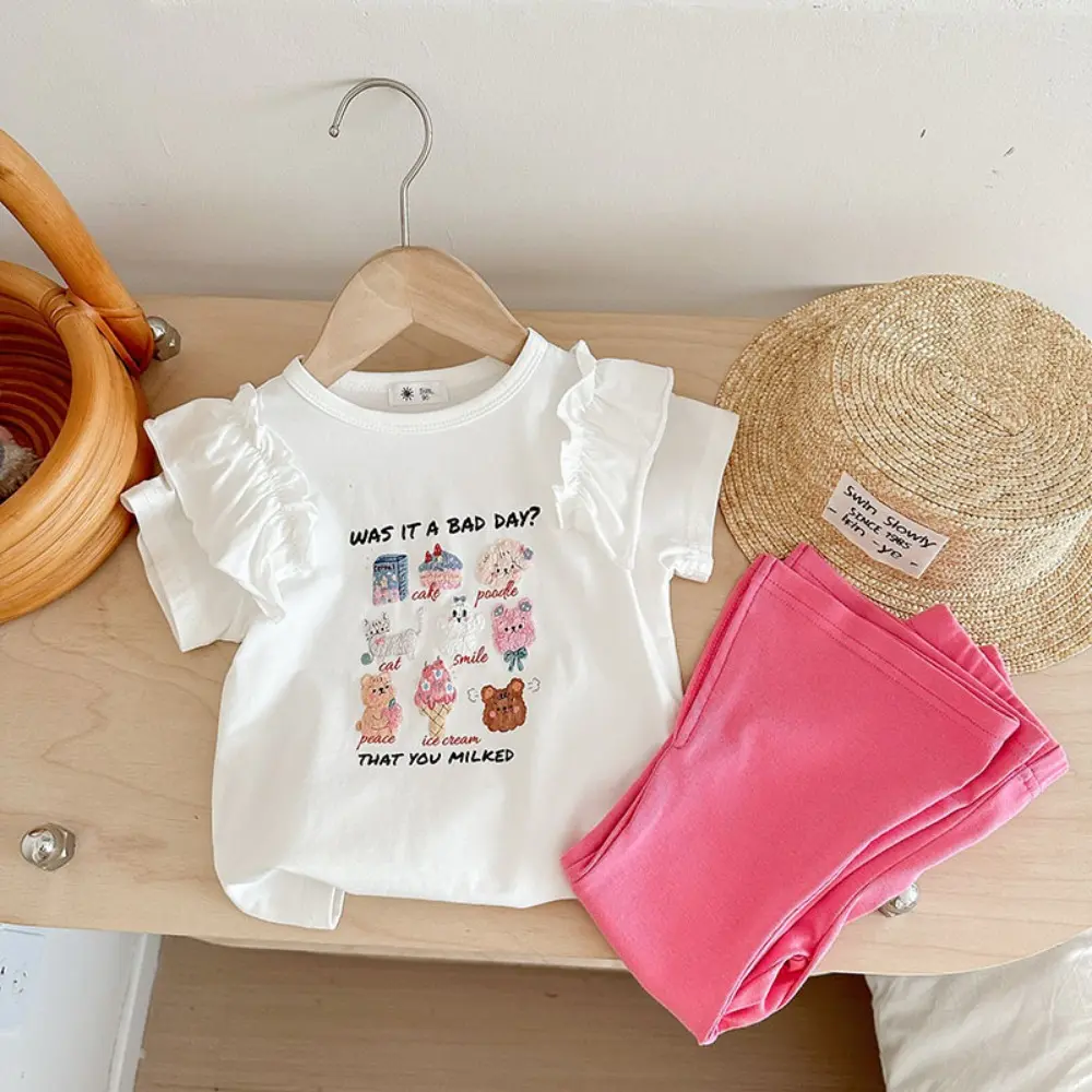 Bear Leader Girl Cute Suit Summer New Product Cartoon Animal Ruffle T-shirt Top+Speaker Pants Two Piece Set Children's Clothes